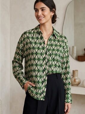 Zara Green and Cream Geometric Print Button-Down Shirt
